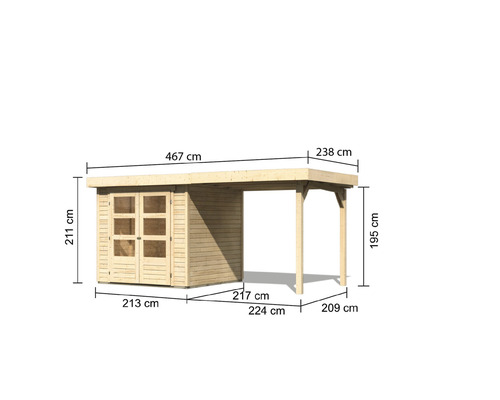 Abri de jardin en bois avec annexe et indications de dimension