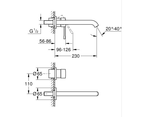 Schéma technique d''un robinet de lavabo mural avec indications de dimensions