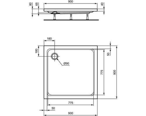 Technische Zeichnung einer Duschwanne mit Maßangaben.