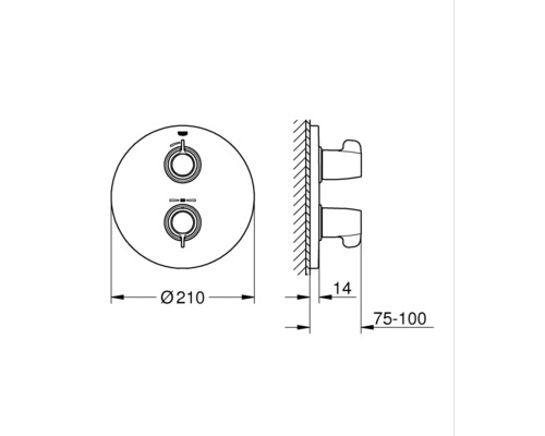Technische Zeichnung einer Thermostatarmatur mit Maßangaben