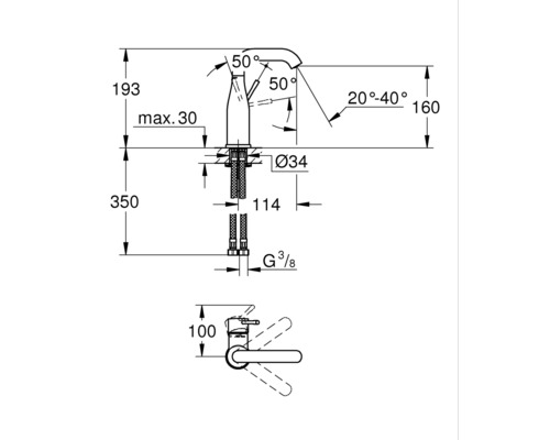 Schéma technique d''un robinet avec indications de dimensions
