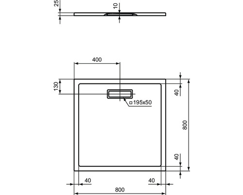 Technische Zeichnung einer Duschwanne mit Massangaben