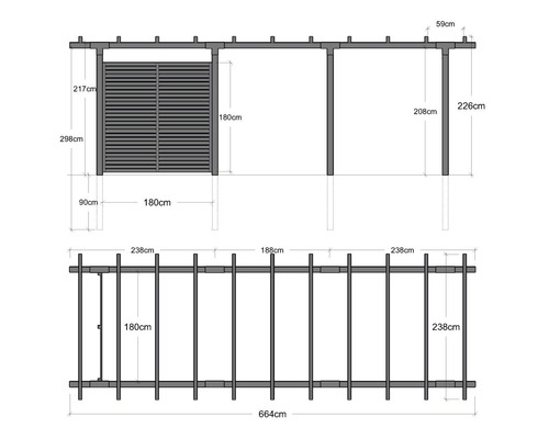 Technische Zeichnung einer Pergola mit Maßen