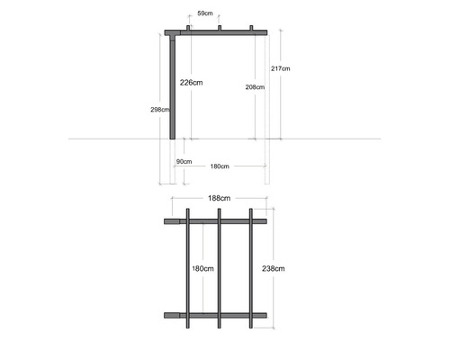 Technische Zeichnung einer Pergola mit Maßangaben