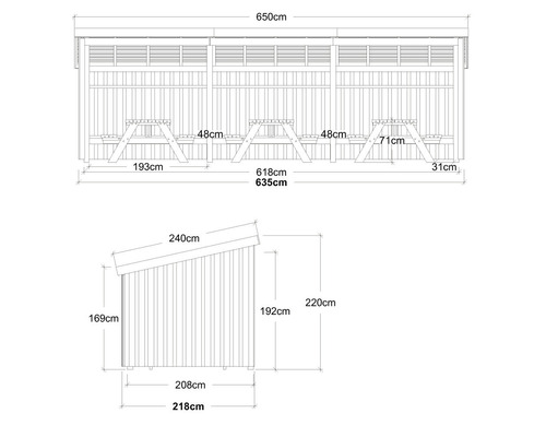 Schéma coté d''un abri avec des tables