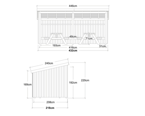 Schéma technique d''un pavillon en bois avec tables de pique-nique et dimensions.