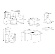 Masse einer Garnitur bestehend aus Sofa, Sessel, Hocker und Tisch