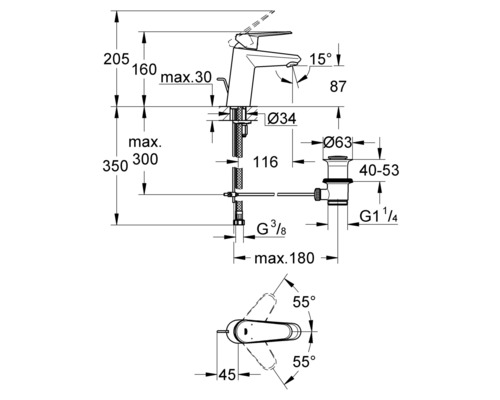 Schéma technique d''un robinet avec indications de dimensions