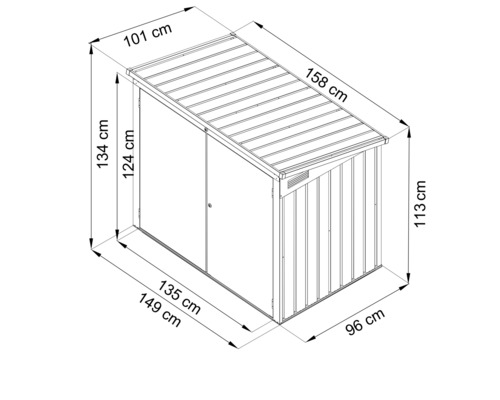 Technische Zeichnung eines Geräteschuppens mit Maßangaben