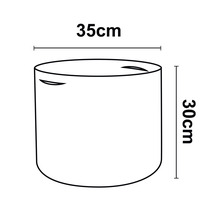 Illustration einer runden Pflanzgefäß-Abdeckung mit den Maßen 35 mal 30 Zentimeter.
