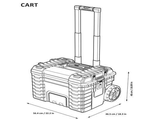 Chariot à outils avec poignée télescopique et roues, indications de taille.