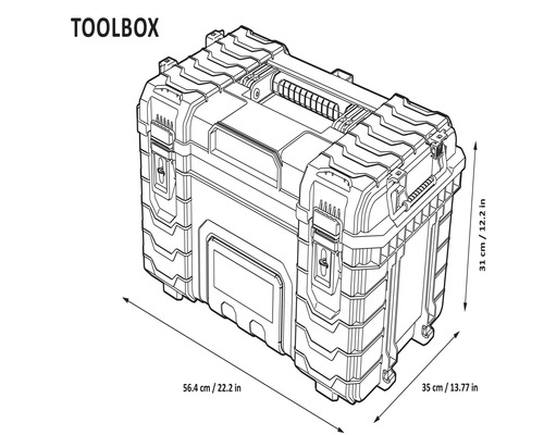 Schéma d''une boîte à outils avec indications de taille