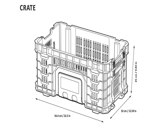 Abbildung einer Kunststoffkiste mit den Maßen 56,4 x 32 x 25 cm