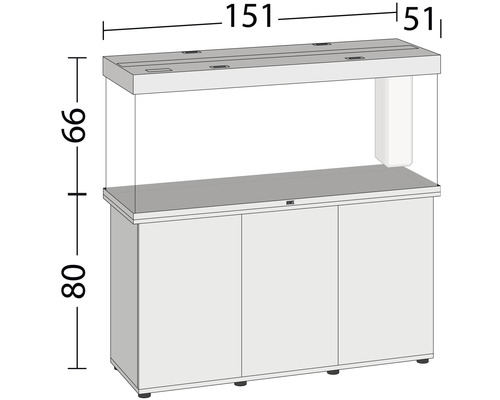 Aquarium Kombination mit den Maßen 151 x 51 x 99 cm auf einem Unterschrank mit 3 Türen und den Maßen 151 x 51 x 80 cm