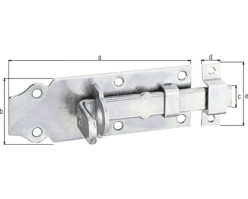 Loquet de porte avec les dimensions a, b, c, d, e