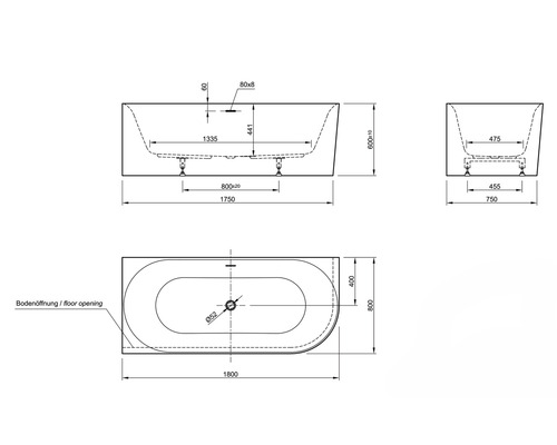 Technische Zeichnung einer Badewanne mit Maßen.