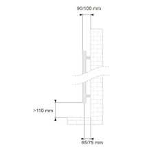 Diagramm einer Rohrmanschette mit Maßangaben für die Installation an einer Wand