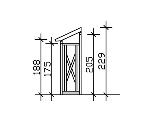 Technische Zeichnung eines Gerätehauses mit Massangaben