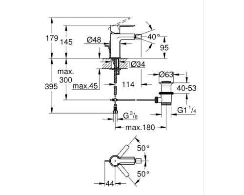 Dessin coté d''un robinet avec des dimensions détaillées