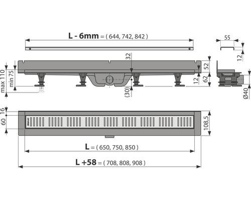Dessin technique d''un caniveau de douche avec dimensions.