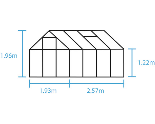 Image avec les dimensions de la serre : 1,96 mètre de hauteur, 1,93 mètre de largeur et 2,57 mètres de longueur.