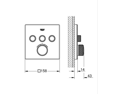 Technische Zeichnung einer Grohe Duscharmatur mit Maßangaben