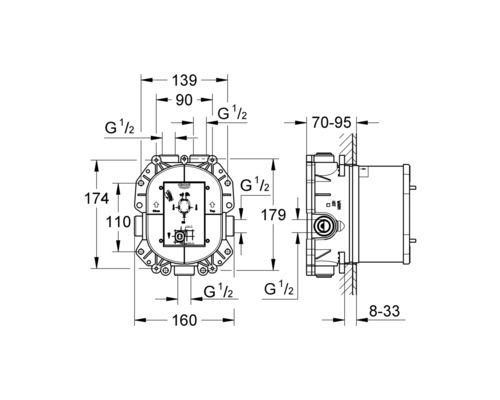 Dessin technique d''un kit d''installation brute Grohe pour robinetterie de salle de bain avec dimensions