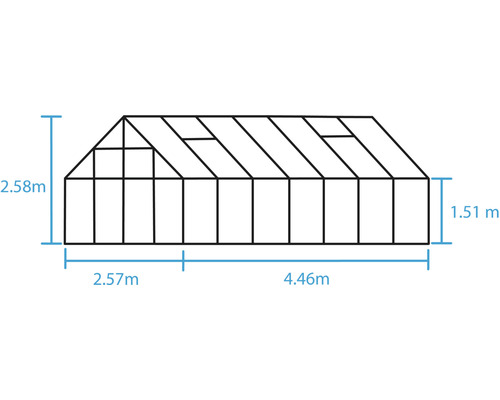 Dimensions d''une serre: 2,58 mètres de hauteur, 1,51 mètre de hauteur latérale, 2,57 mètres de largeur, 4,46 mètres de longueur