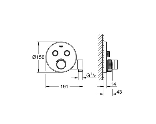 Schéma technique d''un robinet encastré Grohe avec dimensions