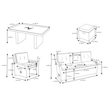 Dimensionsdarstellung einer Loungegruppe bestehend aus Tisch, Sessel, Dreisitzer und Hocker