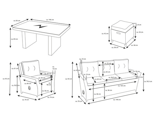 Abmessungen von Tisch, Sessel, Dreisitzer-Sofa und Hocker
