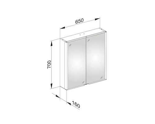 Dessin technique d''une armoire de toilette avec les dimensions 650 x 700 x 160 millimètres.