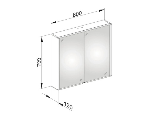Technische Zeichnung eines Spiegelschrankes mit den Maßen 800 x 700 x 160 Millimeter.