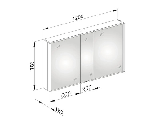 Technische Zeichnung eines Spiegelschranks mit Maßangaben