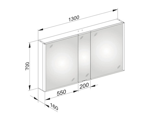 Technische Zeichnung eines Spiegelschranks mit Breiten-, Höhen- und Tiefenangaben
