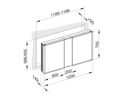 Schéma technique d''une armoire de toilette avec dimensions