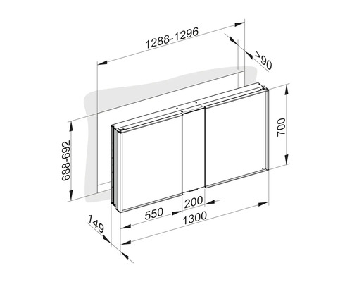 Technische Zeichnung eines Wandschranks mit Maßangaben