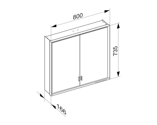 Schéma technique d''une armoire de toilette avec les dimensions 800 x 735 x 166 mm.