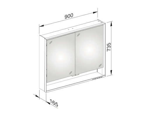 Technische Zeichnung eines Spiegelschranks mit Abmessungen