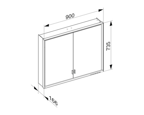 Technische Zeichnung eines Spiegelschrankes mit Maßangaben