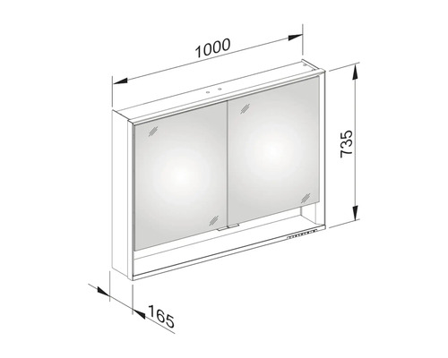 Technische Zeichnung eines Spiegelschranks mit Maßen