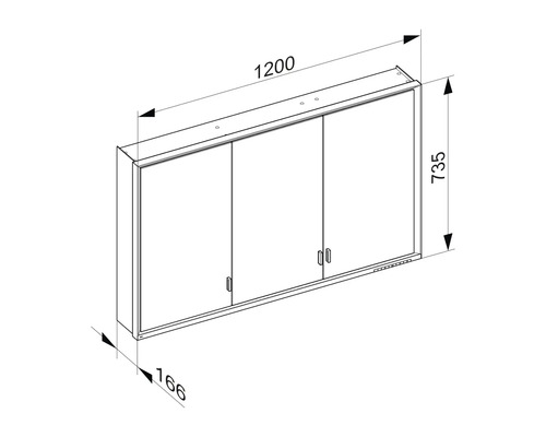 Technische Zeichnung eines Spiegelschrankes mit drei Türen und den Maßen 1200 x 735 x 166 mm.