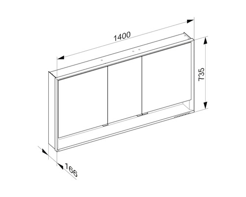 Technische Zeichnung eines Spiegelschranks mit Maßangaben