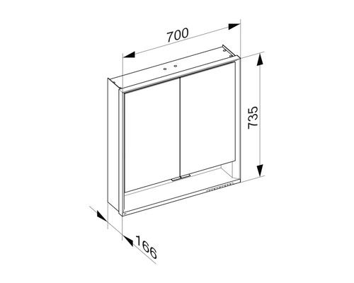 Dessin technique d''une armoire de toilette avec dimensions : 700 mm de large, 735 mm de haut et 166 mm de profondeur.