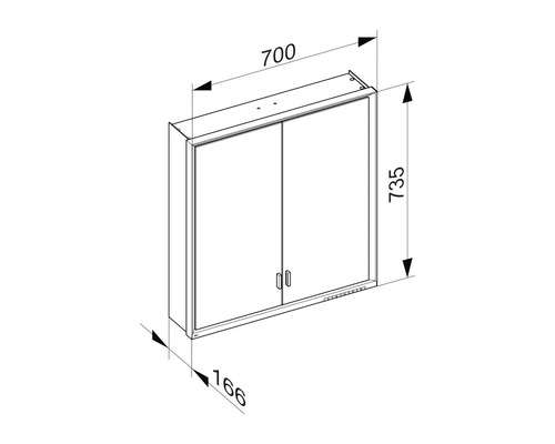 Dessin technique d''une armoire de toilette avec les dimensions 700 x 735 x 166 mm