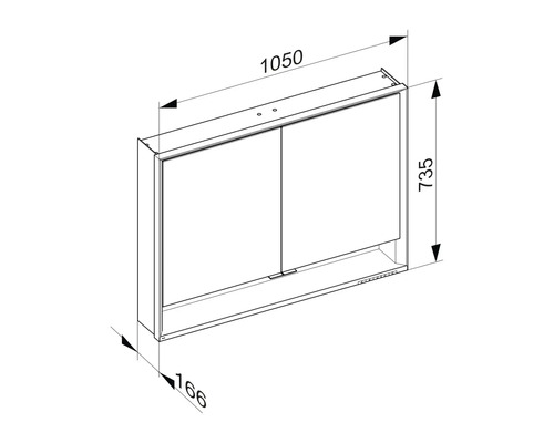 Technische Zeichnung eines Spiegelschranks mit Breiten-, Höhen- und Tiefenangaben.