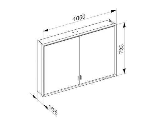Technische Zeichnung eines Spiegelschranks mit Massangaben.