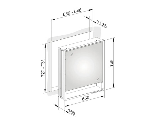 Schéma technique d''une armoire de toilette avec dimensions.