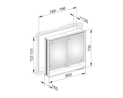 Schéma technique d''une armoire de toilette avec dimensions