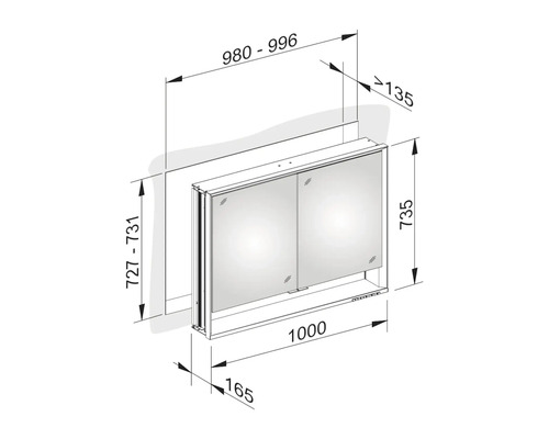 Technische Zeichnung eines Spiegelschranks mit Maßangaben